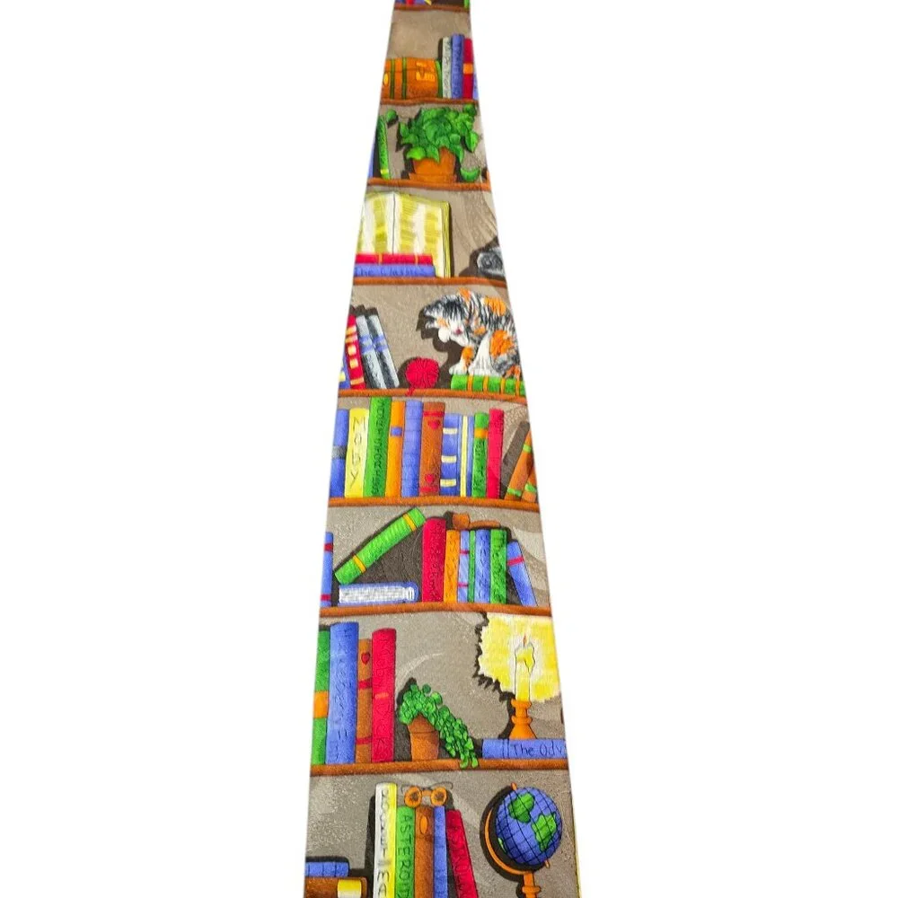 100% Silk Cat Bookshelf Library Novelty Tie Book Lover Teacher Librarian Necktie